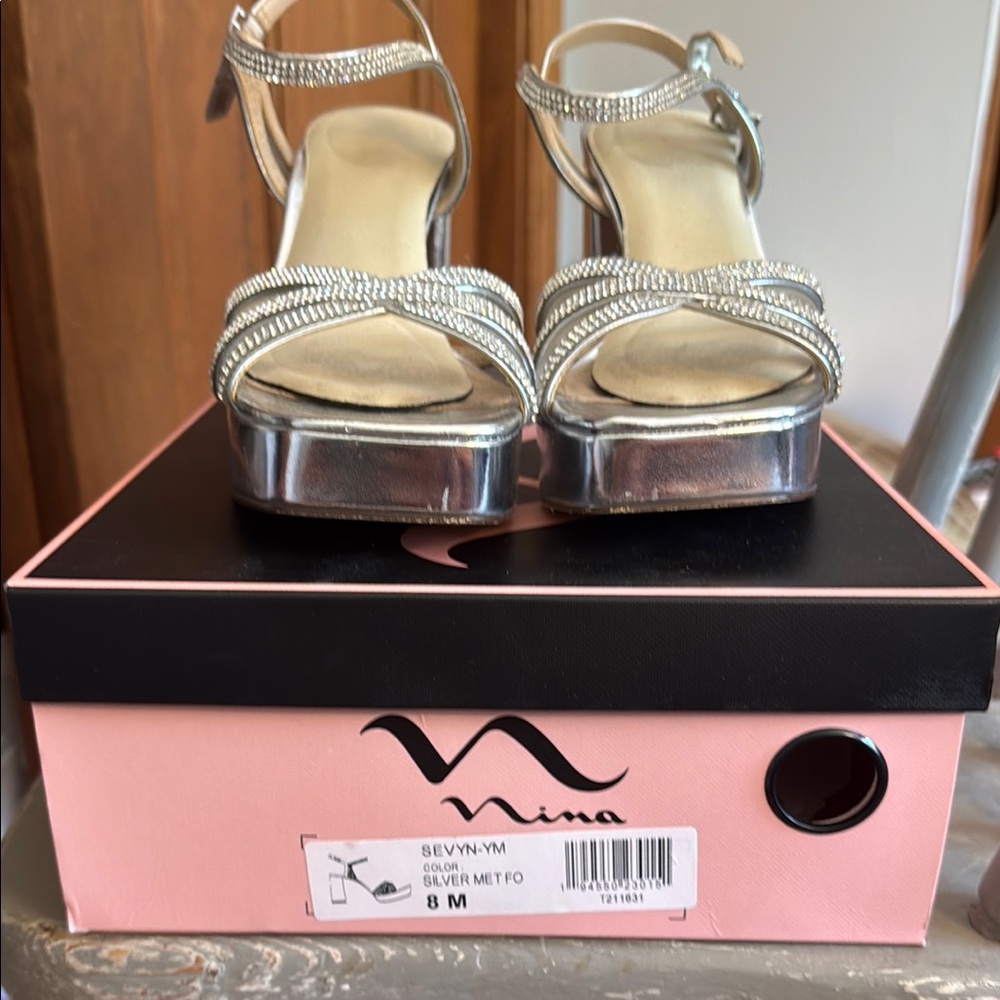 Nina Silver Heels with Rhinestone Embellishments